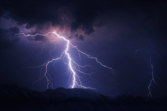 thunderstorm rain and lightning bolt at night in the mountains. generated ai