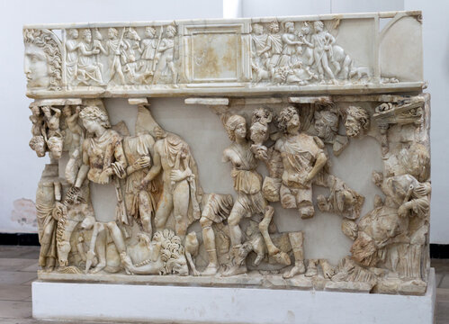 Alger (Algiers), Algeria, April 19 2023 : Sarcophagus of Bellerophon, discovered in 1934 at Azeffoun. On display at the National Museum of Antiquities, Algiers, Algeria.