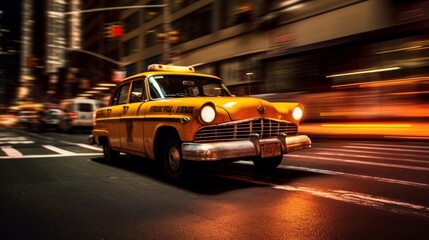 a photo of a vintage retro taxi cab at night sky in a city driving in motion with light trails at a road. Generative AI - obrazy, fototapety, plakaty