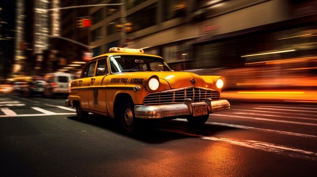 a photo of a vintage retro taxi cab at night sky in a city driving in motion with light trails at a road. Generative AI