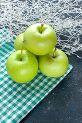 front view fresh green apples mellow and juicy sour on the dark-blue background fruit berry health vitamine food snack