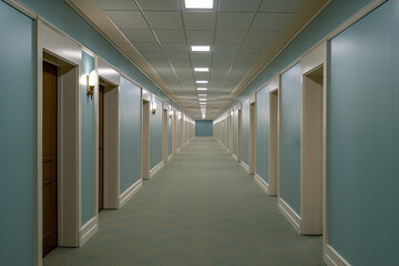 Interior long corridor in blue wall with doors and lamps in a Hotel. High quality photo