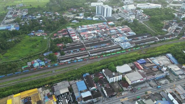 Aerial view KTM container train move at Bukit Mertajam railway station