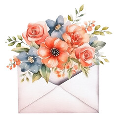 watercolor opened envelope with flowers and leaves isolated on white background. clip art for greeting card, invitation, wedding decoration. isolated on transparent white background. Generated ai