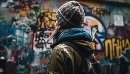 Foto op Canvas A young adult in a hooded jacket walks past graffiti generated by AI © Stockgiu