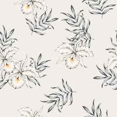 Tropical white orchid flowers, palm leaves, gray background. Seamless pattern. Vector illustration. Exotic plants. Summer beach floral design. Paradise nature