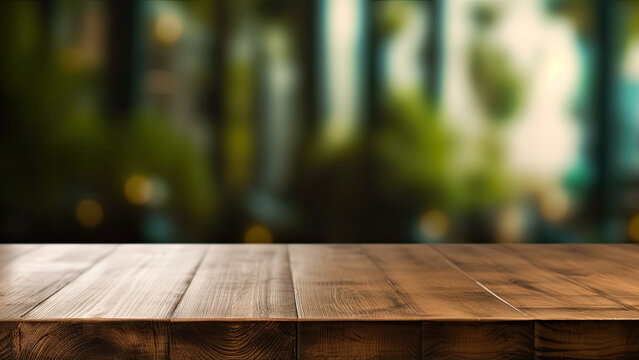 Empty wooden table and shop blur background with bokeh image. For product display. High quality photo