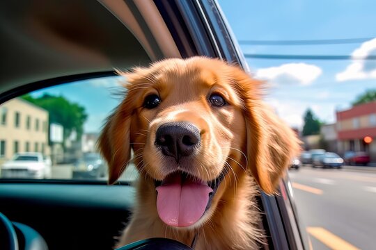 A happy golden retriever puppy dog sits in a car with his tongue sticking out. Generative AI