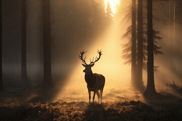 Dark silhouette of a deer with big antlers in a misty forest