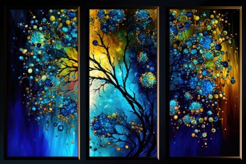 Set of three vertical banners with blue and yellow abstract shapes and trees