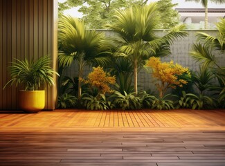 Old wooden decking and plant with wall garden decorative. Created with Generative AI technology.