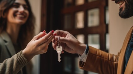 A couple receives keys to their first home or apartment, with a real estate agent after purchasing a home, exhibiting pride and excitement associated with new homeownership.