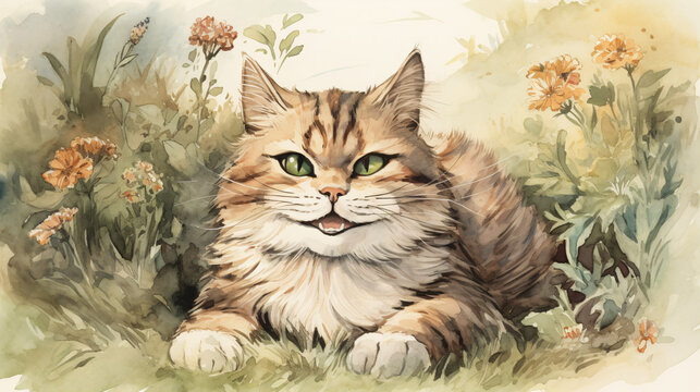 A watercolor painting of a cat laying in the grass Generative Ai