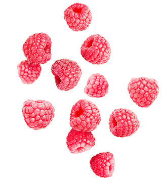 levitating raspberry on a white isolated background