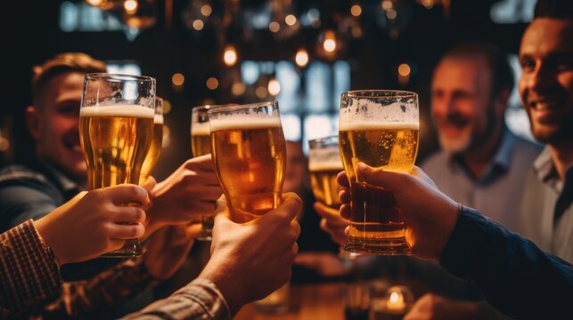 Happy male friends drinking beer at bar or pub. People toasting beer background.