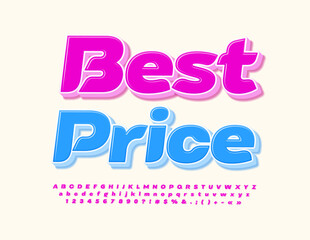 Vector promotional tag Best Price. 3D Violet Font. Creative set of Alphabet Letters, Numbers and Symbols