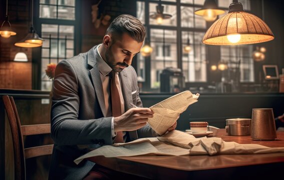 Close up young businessman entrepreneur in formal wear opening envelope with paperwork correspondence, male manager employee unpacking banking notification, Created with Generative AI technology.