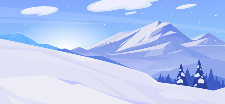Beautiful background of a dark blue snowy mountain slope. Landscape view of a sunrise in the Alps with forest and fog. Panoramic concept for winter sports and travel. Cartoon vector illustration.