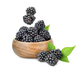 plate with blackberries and falling berries on a white isolated background