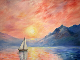 Fototapeta na wymiar A pastel painting of a sailboat on a lake at sunset Generative Ai