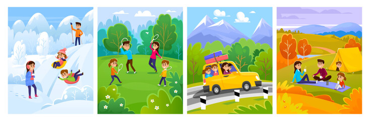 Obraz na płótnie Canvas Family with children spend time together in nature in 4 seasons: winter, summer, spring, summer, and fall. Camping, playing sports, driving in the mountains, having fun. Cartoon vector illustration.