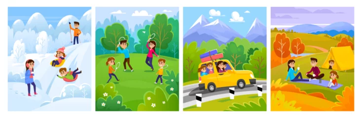 Crédence de cuisine en verre imprimé Violet Family with children spend time together in nature in 4 seasons: winter, summer, spring, summer, and fall. Camping, playing sports, driving in the mountains, having fun. Cartoon vector illustration.