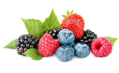 strawberries, raspberries, blueberries and blackberries on a white isolated background