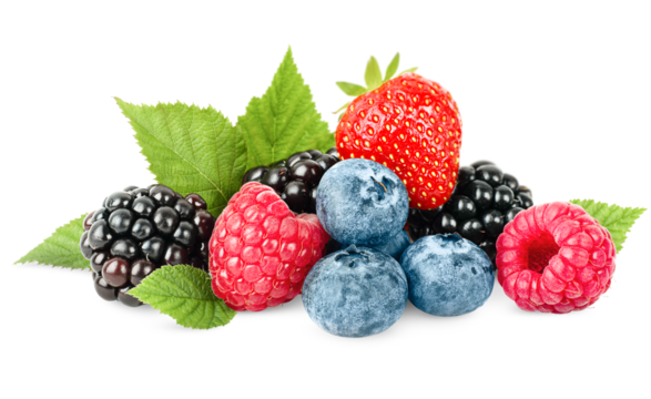 strawberries, raspberries, blueberries and blackberries on a white isolated background