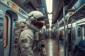A man in a spacesuit riding the subway. Astronaut in the urban environment. Generative AI. 