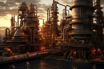 Evening view of steampunk plant, factory. Concept of industrial future. Generative AI.