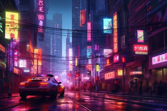 Cyberpunk police auto in the background of the crowded megapolis with lots of neon lights. Generative AI. 