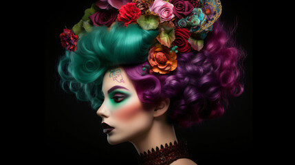A woman with green and purple hair and flowers in her hair Generative Ai