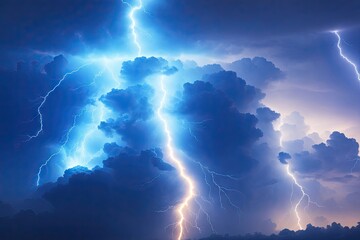 Fototapeta premium Lightning thunderstorm flash over the night sky background, ai generative