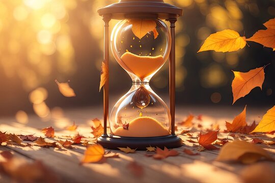 Hourglass on a ground in the autumn forest. The yellow leaves of the Canadian maple are falling, ai generative