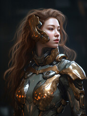 A woman in a futuristic gold and white mecha  Generative Ai