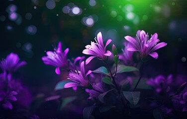 Plakat beautiful branch of lilac flowers on a dark green blurred background. long natural banner. concept for spring greetings. space for text. Created with Generative AI technology.