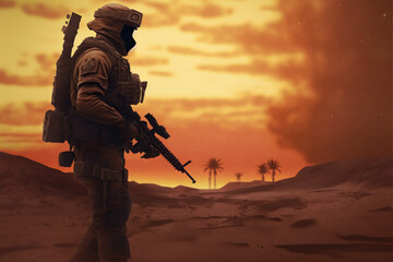 Soldier standing on a desert battle field