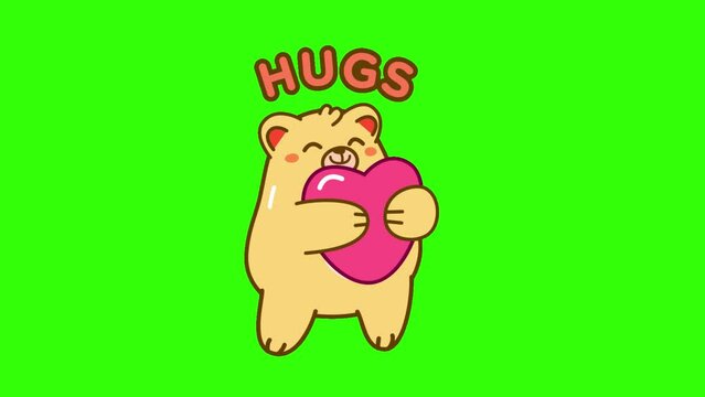 Hugs Typography with Brown Bear Hugging a Hearts background animated, logo symbol