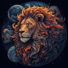 The beautiful lion is in a starry sky with a colorful background