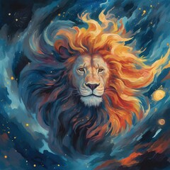 The beautiful lion is in a starry sky with a colorful background