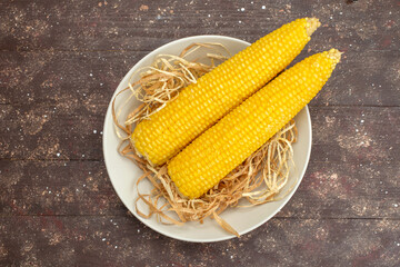 top view fresh yellow corns inside white plate on the wooden background food meal raw color