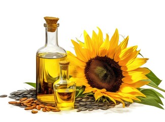 Sunflower oil, seeds and flower isolated on white background. Created with Generative AI technology.