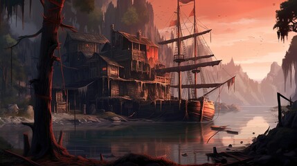 anime scenery art illustration, fantasy mood, mysterious bay with ghostly atmosphere, Generative Ai