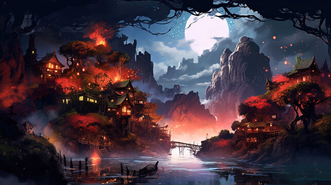 anime scenery art illustration, fantasy mood, elven village big tree trunk town, Generative Ai