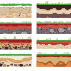 Seamless ground cross sections,layers under earth underground textures set. vector illustrations