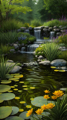Beautiful summer spring nature pond environment with assortment green foliage of trees