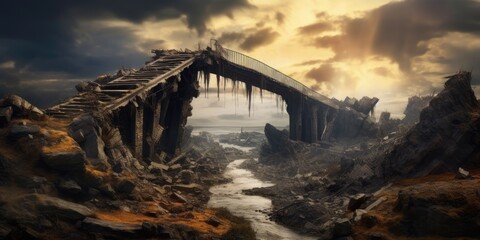 Fototapeta na wymiar Collapsing Bridge Symbolizing Fear of Falling Apart - AI Generated