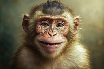 Portrait of realistic and adorable child monkey with smile Illustration. Closeup funny smiling animal face. Hilarious, humorous, entertaining animals, Heartwarming concept. Made with Generative AI