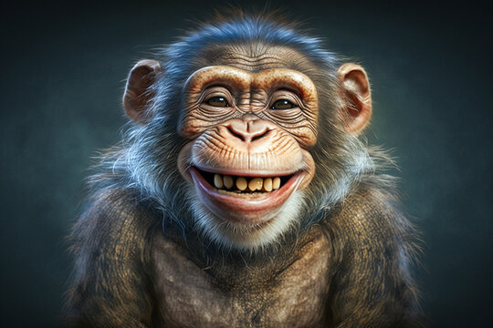 Portrait of realistic and adorable monkey with smile Illustration. Closeup funny smiling animal face. Hilarious, humorous, entertaining animals, Heartwarming concept. Made with Generative AI