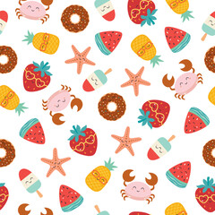 cartoon seamless pattern with fruits and summer elements